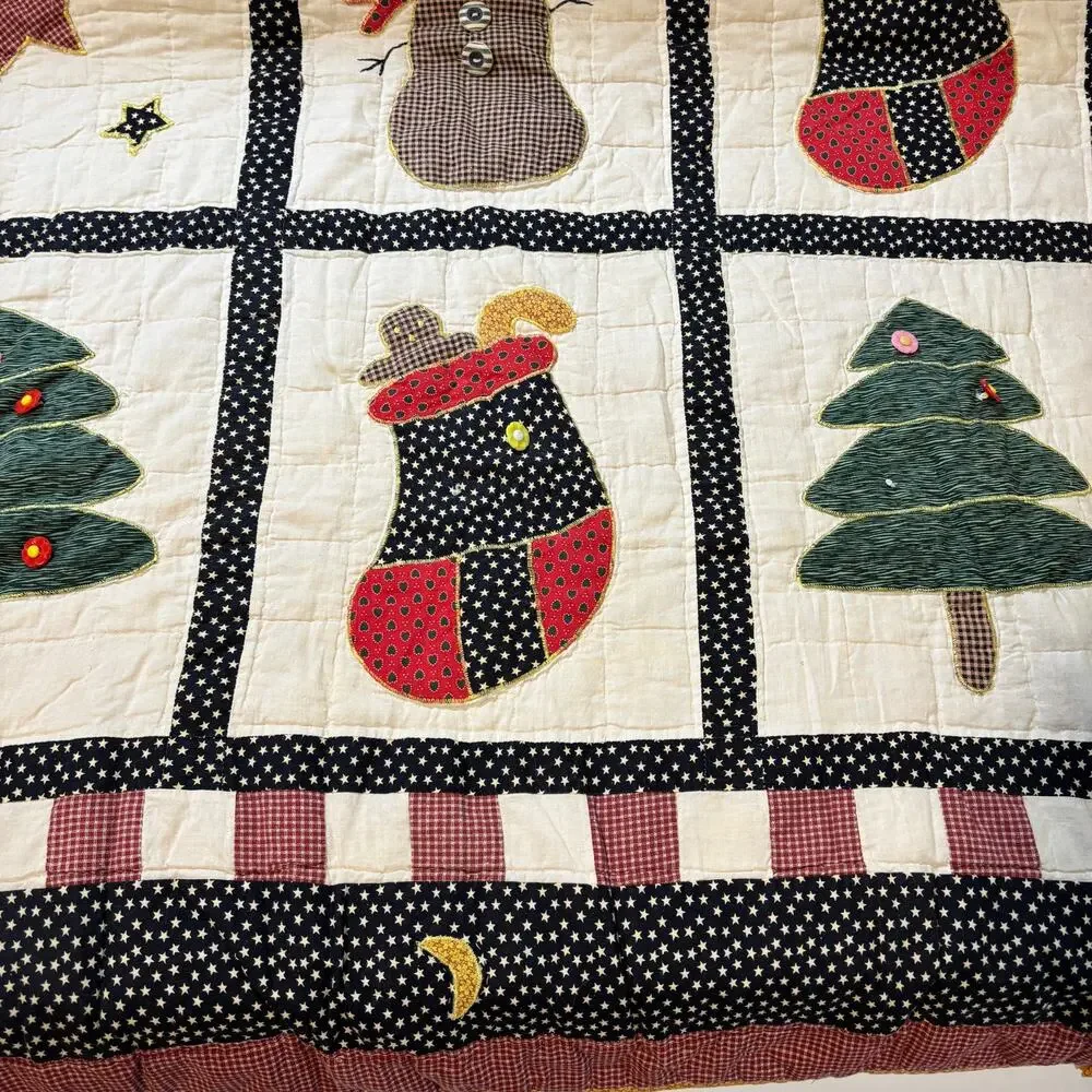 Handmade Christmas Throw Quilt Applique Snowman Tree Stocking Primitive